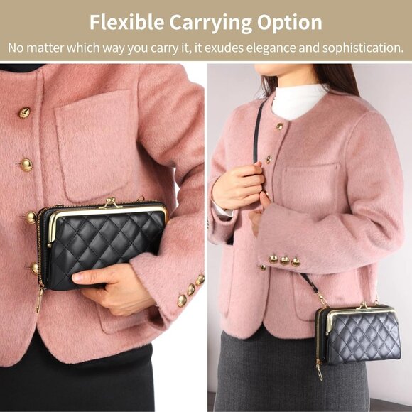 Kiss Lock Wallet Small Crossbody Purse Black Quilted PU Leather Credit Card Hold - Picture 3 of 6